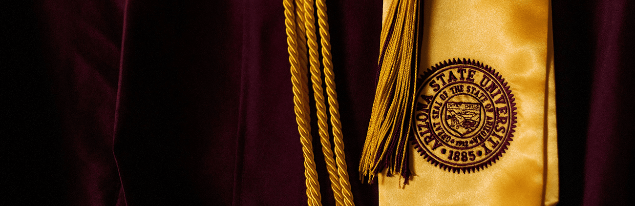 ASU graduation regalia - maroon background, gold stole, gold tassel