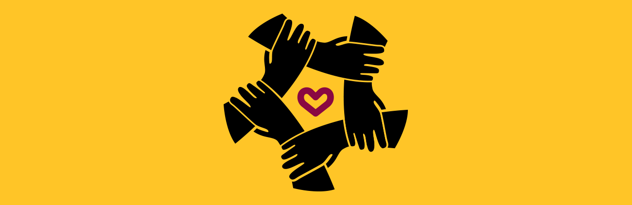 Five hands grabbing each other's wrists to make a symbol of unity, with a heart in the middle
