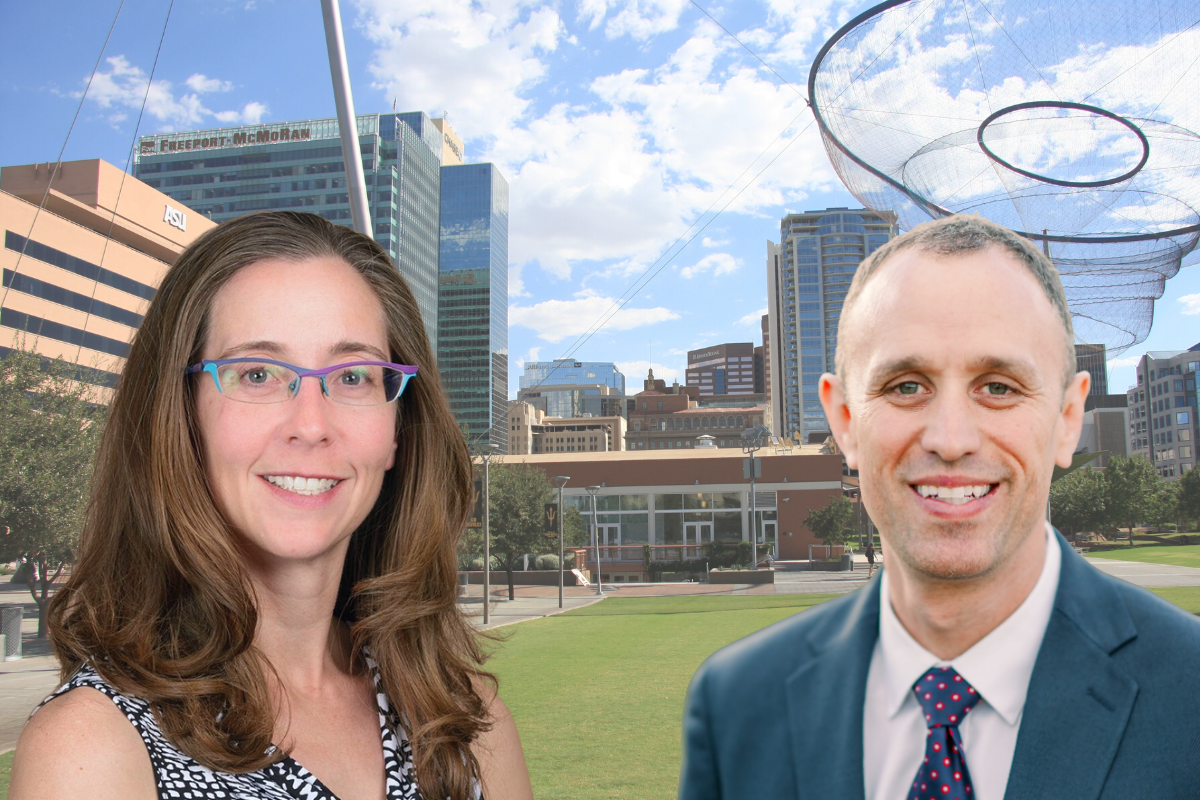 Left: Professor Mary Feeney, Caucasian woman with shoulder-length brown hair wearing purple and blue rimmed glasses; Right: Associate Professor Derrick Anderson - middle-aged Caucasian male with short cropped hair wearing a blue suit with blue tie