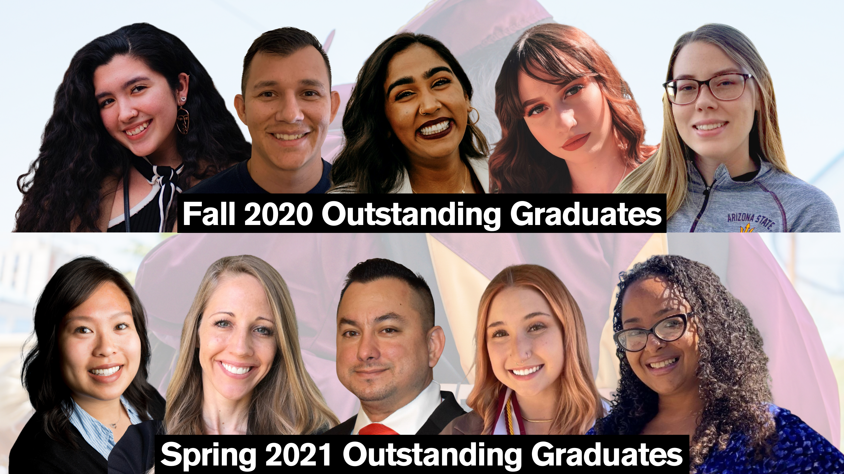 Compilation image with the five Fall 2020 outstanding graduates on the top half and the five spring 2021 graduates on the bottom half