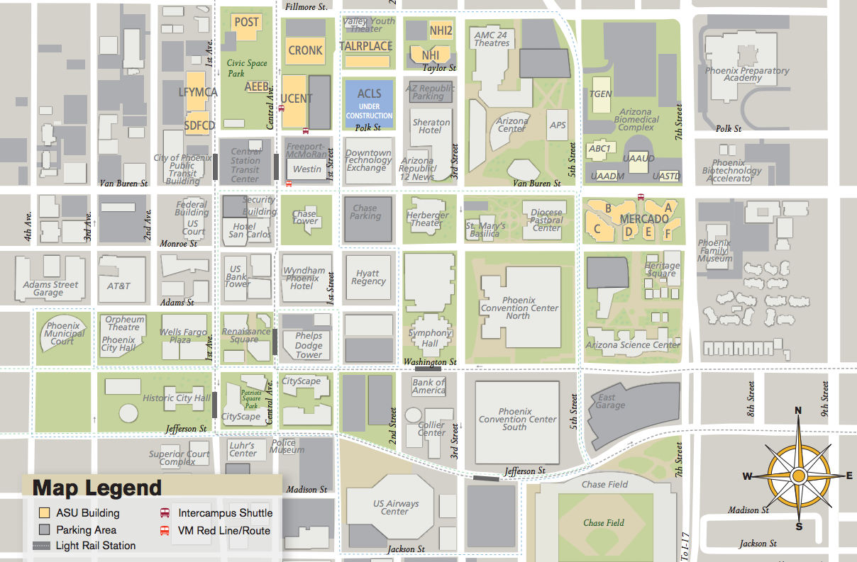 map legend of Downtown Phoenix and the ASU Downtown Phoenix campus 